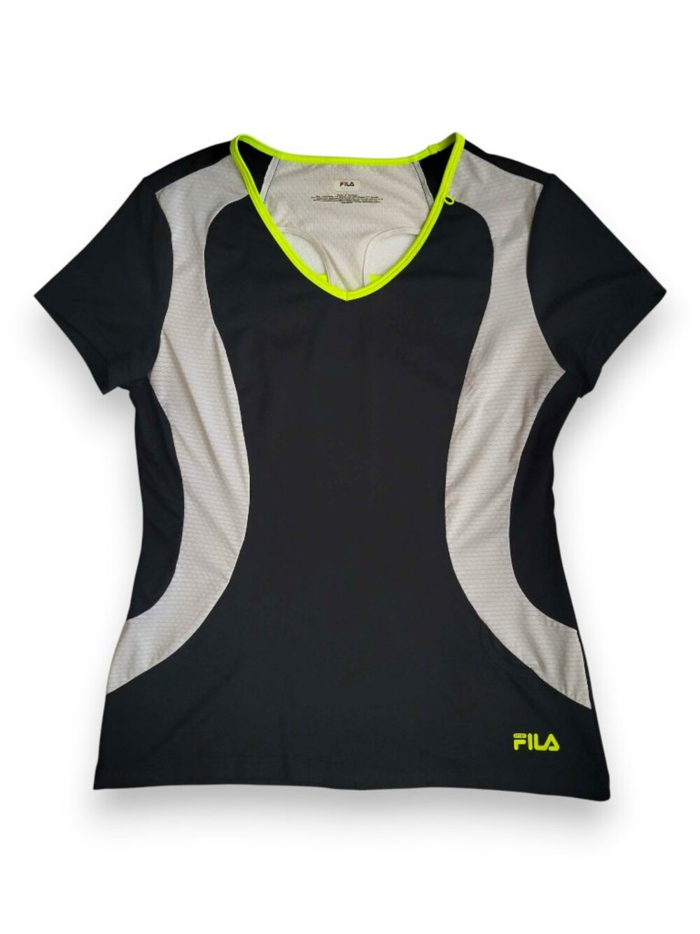 Fila Women’s Athletic Top Large Black Neon Stretch Workout Activewear Shirt